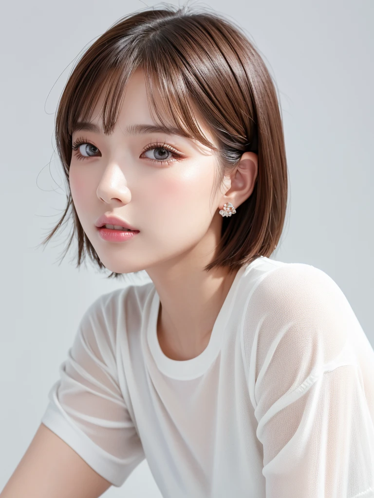 (Highest quality、Tabletop、8K、Best image quality、Award-winning works)、((profile:1.3))、ear、((short hair:1.1)),(Brown Hair)、(White casual summer clothes:1.2)、(The simplest pure white background:1.3)、(Perfectly fixed in front:1.1),(Portrait with space:1.3)、Beautiful and detailed、Perfect Makeup、Ultra-high definition beauty face、Ultra HD Hair、Ultra-high definition sparkling eyes、Ultra-high quality glossy lips、Accurate anatomy、Very beautiful skin、(Pure white skin shining in ultra-high resolution:1.1)、(Very bright:1.2),Big Natural Color Lip、Lip gloss,Harajuku、cute、cute美人、Twenty year old girl