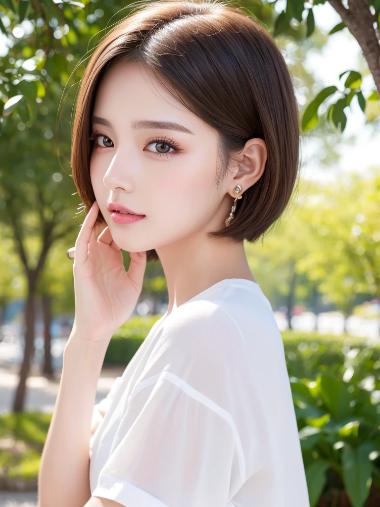 (Highest quality、Tabletop、8K、Best image quality、Award-winning works)、((profile:1.3))、ear、((short hair:1.1)),(Brown Hair)、(White casual summer clothes:1.2)、(The simplest pure white background:1.3)、(Perfectly fixed in front:1.1),(Portrait with space:1.3)、Beautiful and detailed、Perfect Makeup、Ultra-high definition beauty face、Ultra HD Hair、Ultra-high definition sparkling eyes、Ultra-high quality glossy lips、Accurate anatomy、Very beautiful skin、(Pure white skin shining in ultra-high resolution:1.1)、(Very bright:1.2),Big Natural Color Lip、Lip gloss,Harajuku、cute、cute美人、Twenty year old girl