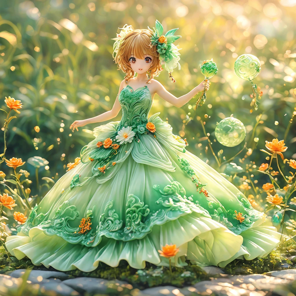 best quality, very good, 16K, ridiculous, Very detailed, charming((( Evening dress 1.3))),Made of translucent jadeite, Background grassland((A masterpiece full of fantasy elements))), ((best quality)), ((Intricate details))(8K)