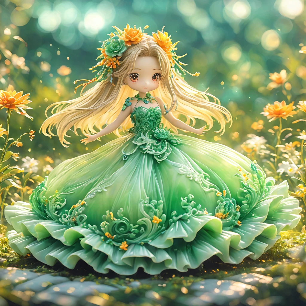 best quality, very good, 16K, ridiculous, Very detailed, charming((( Evening dress 1.3)))，Made of translucent jadeite, Background grassland（（A masterpiece full of fantasy elements）））， （（best quality））， （（Intricate details））（8K）