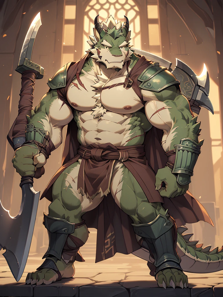 a furry eastern dragon, long whisker, green fur, bare chest, big chest, big build, warrior waist armor, sandal, ((eastern dragon), ((green dragon)), ((waist armor)), furry art, full body, mature, tall, daddy, muscular, rounded face, ((no coat)), ((berserker)), scar body, (scar), bare body, many scars on body, scar face, long beard, very muscular, beefy body, (((bare chest))), (((large pecs))), (((hold a long and big axe))), action pose