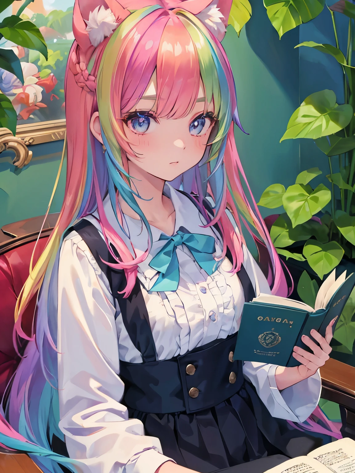 (8K, best quality, master piece: 1.2), super high resolution,1 girl,独奏,ultra-detailed face,detailed eyes,gradient eyes,Pleased,The girl is sitting in a chair reading a book,Three pothos plants in hanging planters are hanging from the ceiling,((Rainbow Hair)),Straight Hair,Long Hair,frilled blouse,suspender skirt,From the side,Rim Light,room