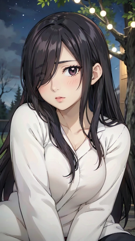 Cute mommy, mature women, realistic skin,perfect ,black hair, long hair, (hair over one eye:1.4), messy hair, hair between eyes, pajama, chubby,plump,fat,cute shy blush on, under tree,night