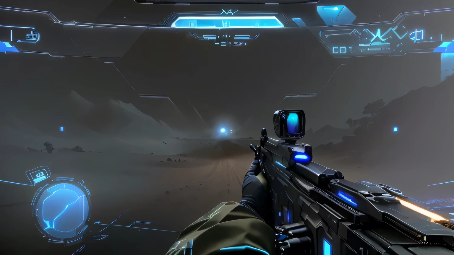 Close-up of video game with gun and monitor, First-person shooting Game HUD, Holographic interface, Game HUD, Realistic HUD, FPS View, Star Citizen Halo, First-person perspective, First-person perspective, First-person perspective, Screenshot of the game with UI, First-person shooting game, First-person screenshot, Game hit, First-person shooting game, First-person shooting，Enemies ahead，White desert scene，Ultra wide angle