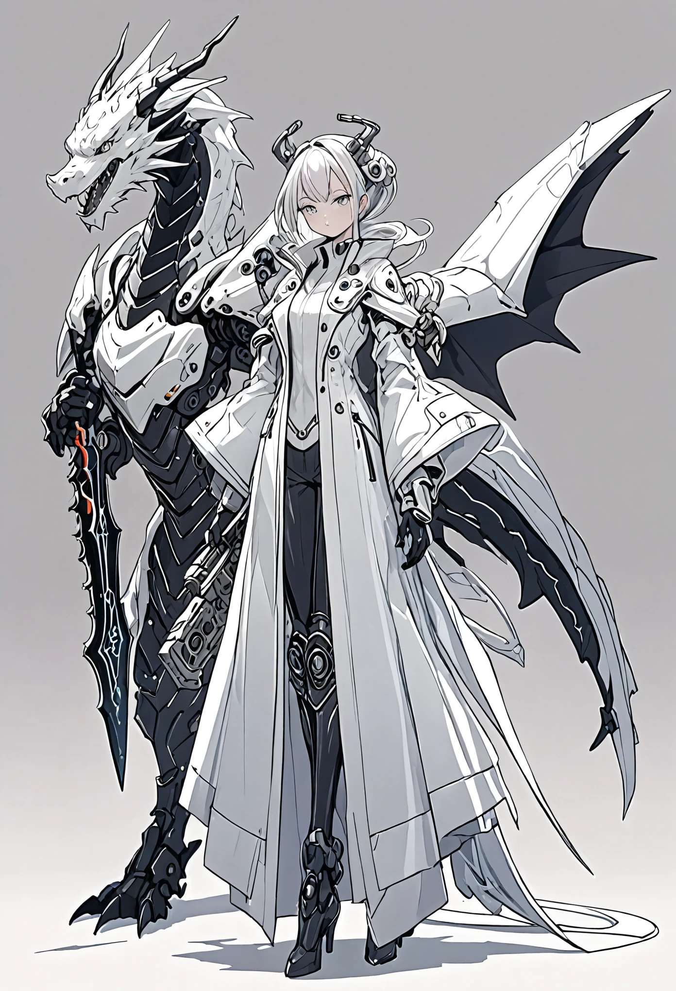 engineering drawing, thin line pen drawing, dark, futuristic silhouette of white dragon cyborg girl, full body, long flowing coat, holding giant greatsword with mechanical gimmick blade, standing on reflective surface against minimalist light grey background