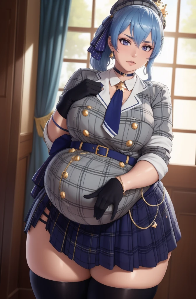 (best quality,4k,8k,highres,masterpiece:1.2), ultra-detailed, (realistic,photorealistic,photo-realistic:1.37), HDR, UHD, studio lighting, ultra-fine painting, sharp focus, physically-based rendering, extreme detail description, professional, vivid colors, bokeh, portraits, photography, (best quality,masterpiece:1.3), (mature woman, milf), (tall:1.2), anime, masterpiece, beautiful eyes, best quality, detailed face, 1girl, solo, beautiful, SuiseiBase, plaid beret, crown, blue star choker, star earrings, blue ascot, plaid jacket, plaid skirt, layered skirt, partially fingerless gloves, star bracelet, uneven legwear, thigh strap, huge belly, bloated belly, stuffed belly, plump, chubby, curvy, chubby girl, belly, big belly, fat belly, soft shading, detailed, semi-realistic, sciamano240