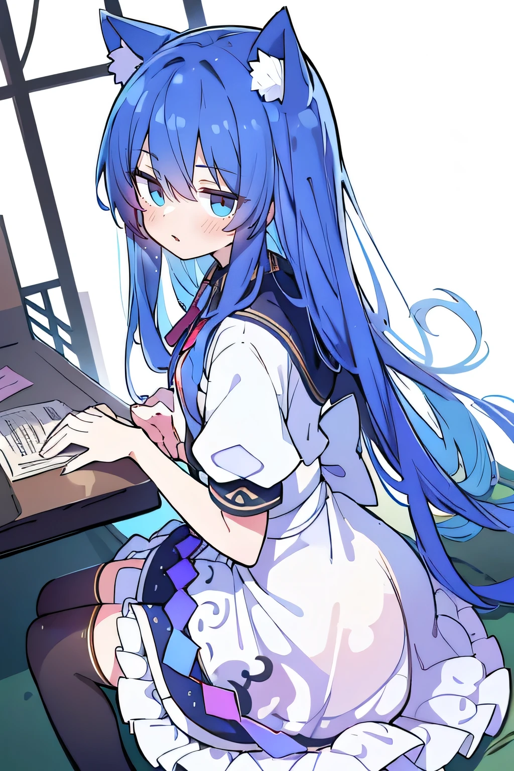 (masterpiece:1.2),Super detailed,lifelike,Expressive eyes,fair skin,perfect face shape,1 girl,
Japanese comics,Gorgeous blue hair,flowing blue hair,flowing clothes,Cat ears,Petals fall,beautiful lola,Baby Angel,
Cross your legs,Gentle and peaceful background,The pavilion is cool and comfortable,smile, wearing hoodie, background of tokyo,back views,snowing, winter,maid outfit。