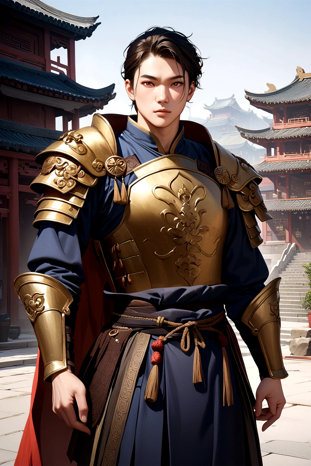 25 year old Chinese man,middle aged man,realistic,chinese_Armor,alone,Background of ancient chinese cities,detailed_eye,shoulder_Armor,(검은 eye),looking at viewer,(masterpiece:1.2), (best quality:1.2), perfect eye, perfect face, perfect lighting, (8K),(complete anatomy), Nee Shot