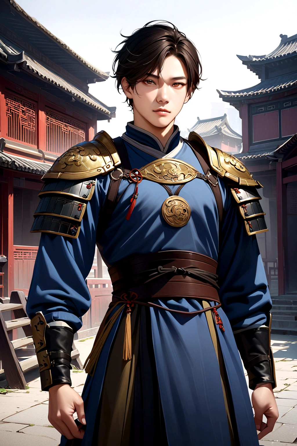 25 year old Chinese man,middle aged man,realistic,chinese_Armor,alone,Background of ancient chinese cities,detailed_eye,shoulder_Armor,(검은 eye),looking at viewer,(masterpiece:1.2), (best quality:1.2), perfect eye, perfect face, perfect lighting, (8K),(complete anatomy), Nee Shot