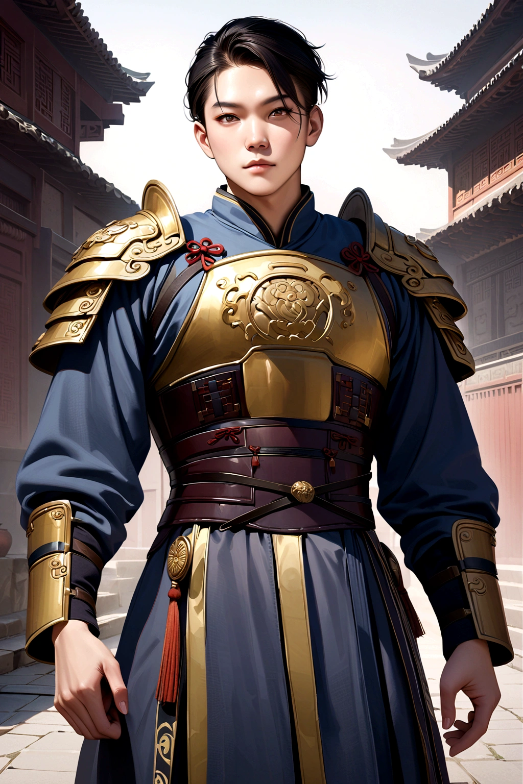 25 year old Chinese man,middle aged man,realistic,chinese_Armor,alone,Background of ancient chinese cities,detailed_eye,shoulder_Armor,(검은 eye),looking at viewer,(masterpiece:1.2), (best quality:1.2), perfect eye, perfect face, perfect lighting, (8K),(complete anatomy), Nee Shot