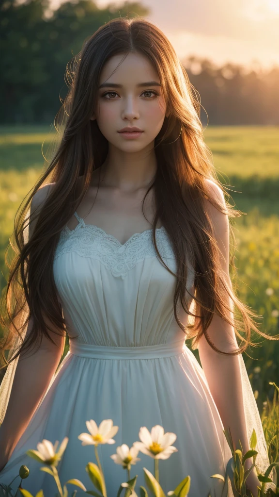 a beautiful girl in a field of flowers, long flowing hair, serene expression, (best quality,4k,8k,highres,masterpiece:1.2),ultra-detailed,(realistic,photorealistic,photo-realistic:1.37),detailed eyes and face, detailed skin texture, flowing dress, outdoors, clear blue sky, wispy clouds, lush green grass, colorful wildflowers, warm lighting, soft depth of field, portraits,fantasy,cinematic,dramatic lighting