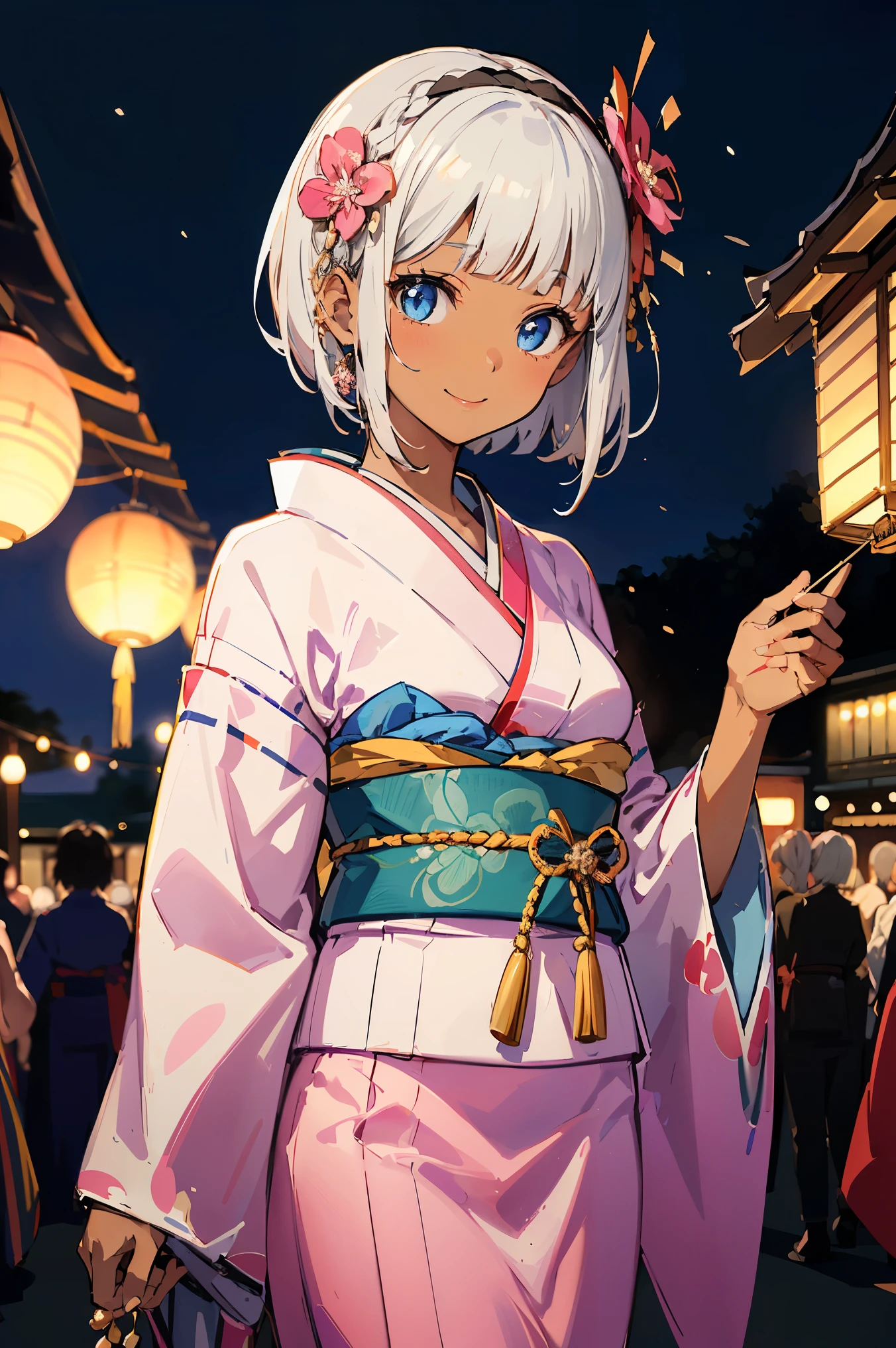 Highest quality、masterpiece、from the front、full body,  Sitting on a bench、night空の花火を見上げる、looking sky, a girl、独奏, Beautiful silver hair、((((Very short hair))))、Blue eyes、(hair band)、((Blunt bangs)), ((Medium Chest)), 24-years-old, (tsurime), Tight waist, slender、Anime Style、Natural smile、Very cute face、 sexy pose, bewitching pose, Cute pose、night、Fireworks display、大きくてカラフルな花火がnight空に上がる、A large number of people、Japan Shrine Festival、((A colorful pink kimono))、Long flower hair ornament、Shallow depth of field, 