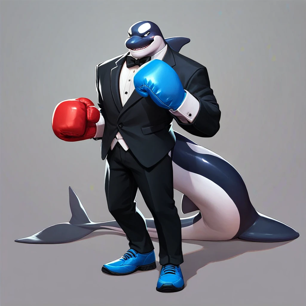 multiversus, full body, humanoid orca, blue colour, tuxedo, boxing gloves 