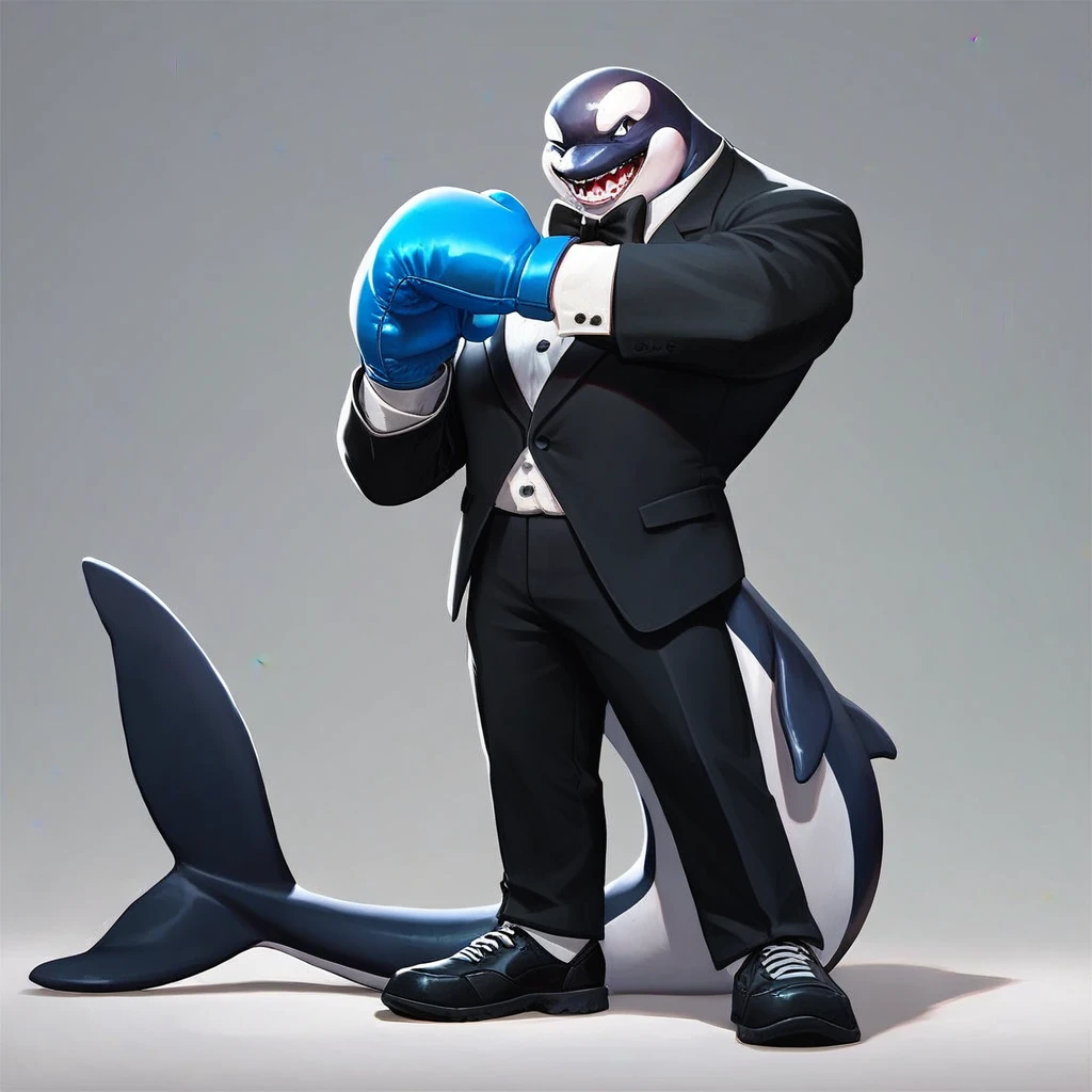 multiversus, full body, humanoid orca, blue colour, tuxedo, boxing gloves 