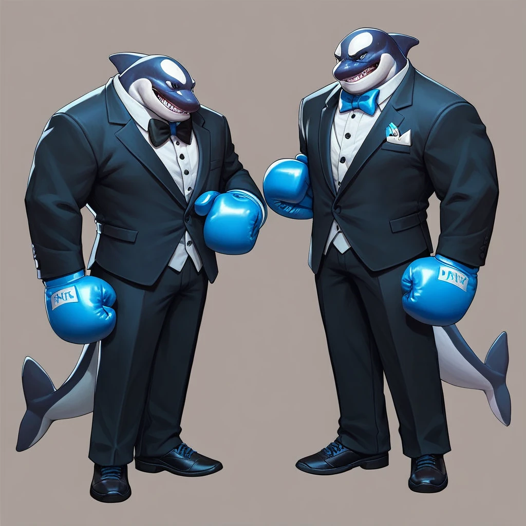 multiversus, full body, humanoid orca, blue colour, tuxedo, boxing gloves 