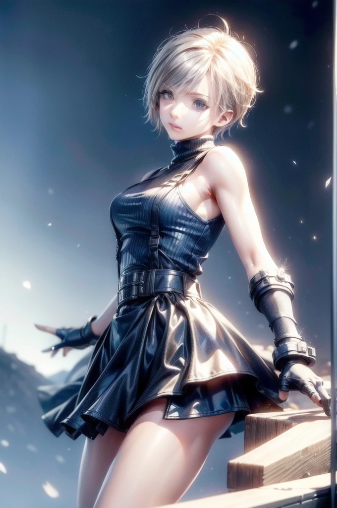 (masterpiece, best quality:1.2), expressive eyes, perfect face, highres, 1 girl, solo, (female:1.5), strife, short hair, shoulder armor, sleeveless turtleneck, suspenders, belt, gloves, bracer, standing, portrait, looking at viewer,