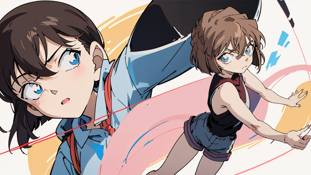anime style, (1girl in, Solo:1.0), (Haibara Ai), ((Short pants)), (((Big eyes))), (Cute anime girl head), (flat chest),looking at viewer,With a height of 100cm, shoot from front, (head shot), Simple line minimalism, Abstract Art, City background, anime opening movie