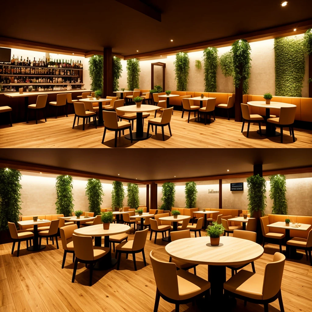 3D graphics, like in a game Interior of the restaurant with three columns in the center, a pair of large tables with soft chairs in light colors and wooden floor and a bar with plants