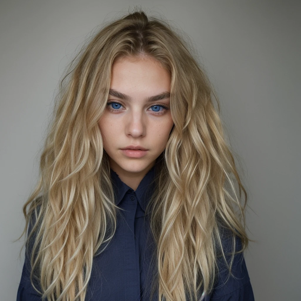 pretty blonde model, Long wavy hair, blue eye, dark eyebrows, sexy