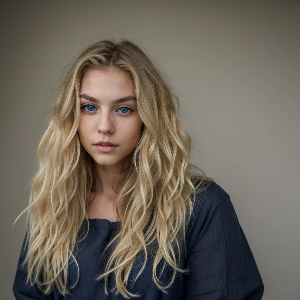 pretty blonde model, Long wavy hair, blue eye, dark eyebrows, sexy