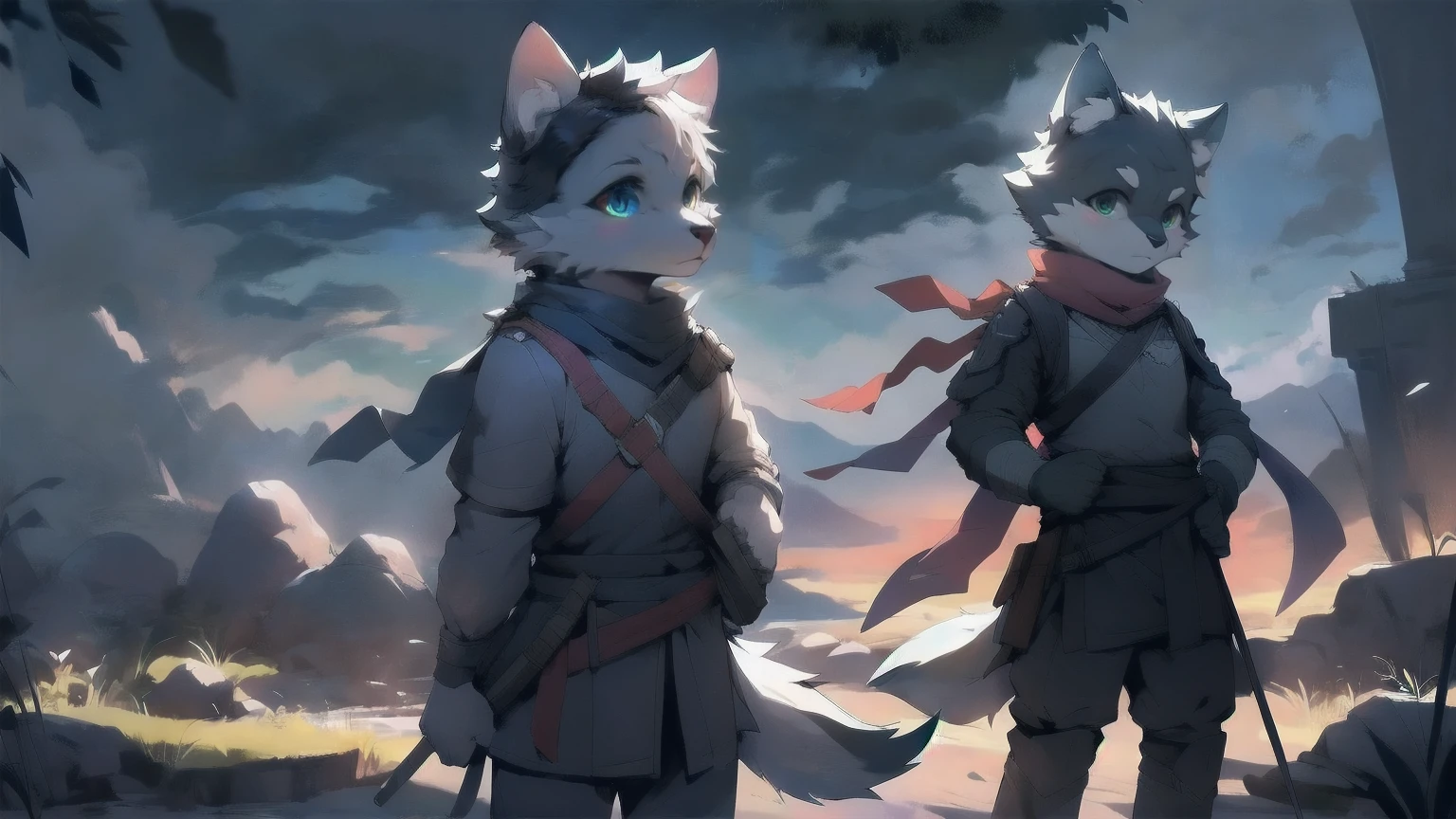 Wolf,juvenile,male,Gray-black fur,Sky blue eyes,Ancient combat uniform,scarf,Holding a long sword,Scabbard back,permanent,The only one,dawn,illumination,Break