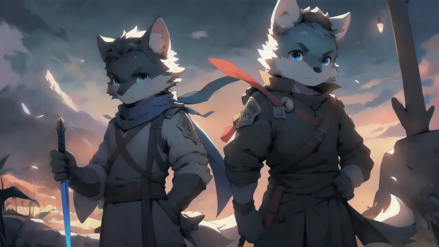 Wolf，juvenile，male，Gray-black fur，Sky blue eyes，Ancient combat uniform，scarf，Holding a long sword，Scabbard back，permanent，The only one,dawn，illumination，Break