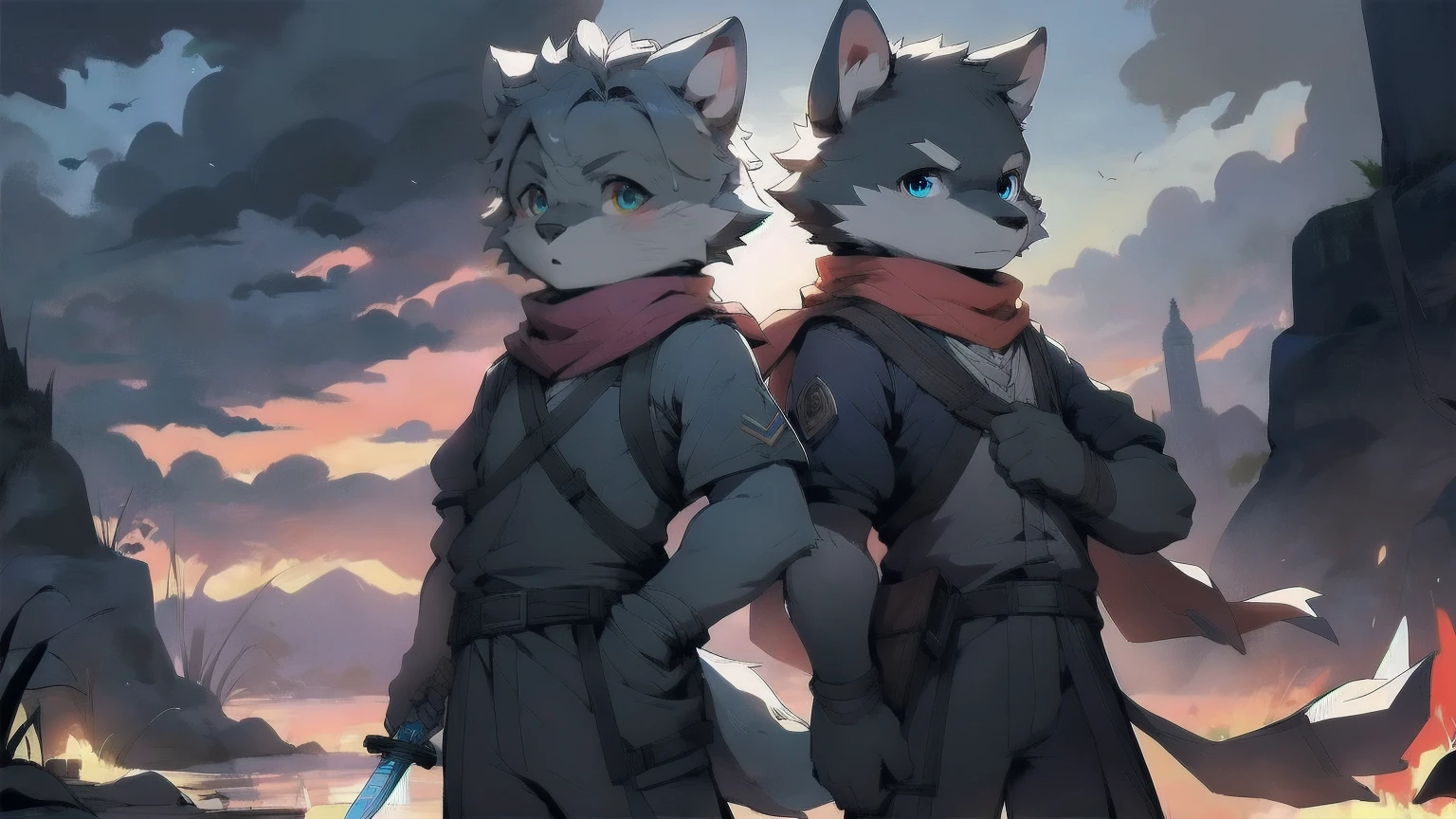 Wolf,juvenile,male,Gray-black fur,Sky blue eyes,Ancient combat uniform,scarf,Holding a long sword,Scabbard back,permanent,The only one,dawn,illumination,Break