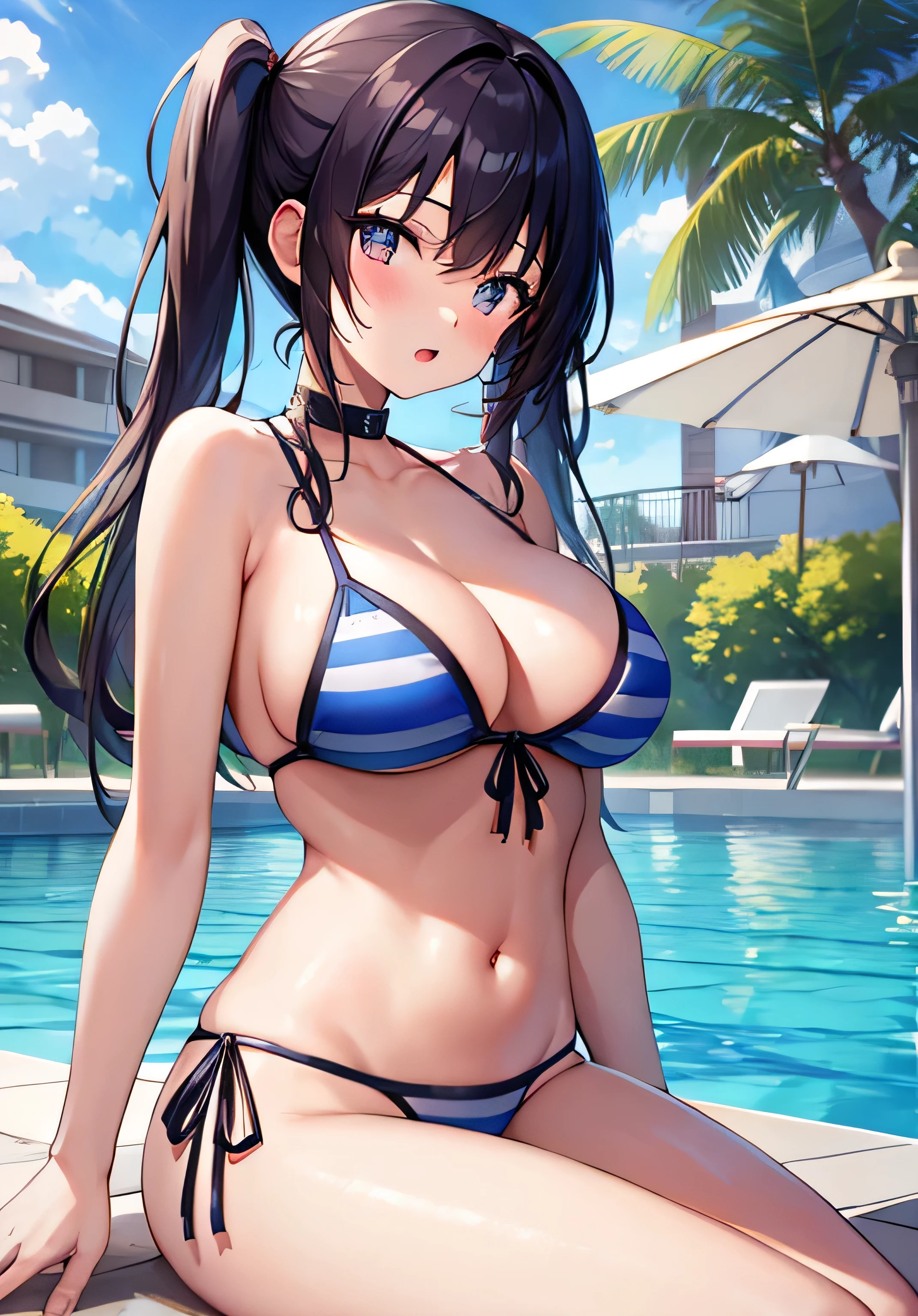 masterpiece、Highest quality、Ultra-high resolution、nsfw、 girl with big breasts、twin tail hairstyle、black hair、Red face、shyly、open your mouth just a little、blue striped bikini、her cleavage、her bare legs、sitting on a poolside、outdoor pool of a resort hotel