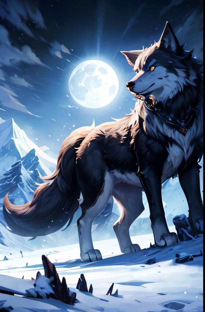 gigantic wolf,midnight,full-moon,snow mountain, blizzard