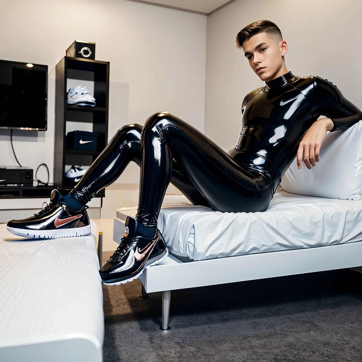full view full body, one skinny 18yo white teenage-boy with light-brown clean undercut haircut, wearing NIKE shiny black latexsuit, white shiny rubber Nike socks, no shoes, shoes off posing in his bedroom, his Nike white latex socks are visible, worn over the bottom of the black latex pants, in modern teenager room , Nike shoeboxes are placed everywhere
