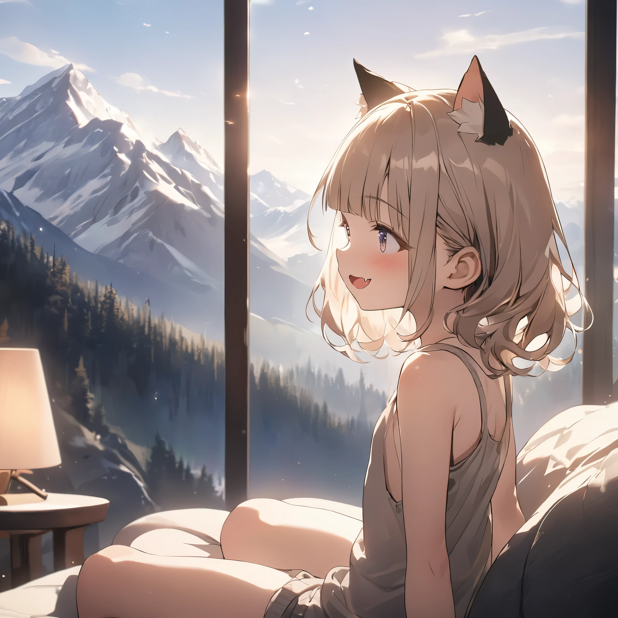 ((Masterpiece)), ((best quality)), (Anime:1.3), (RAW photo:1.2),(High Definition:1.3), (Professional Photography:1.4), (wide shot), (sharp focus), (perfect light), profile, (()), (1girl), 8K, Glossy skin, cinematic lighting, (Knit fabric tank top), (Cute innocent teenage girllendar body, small breast, glossy medium hair, (loose blunt bangs), ((:3)), open mouth, fang out, (naughty smile), beautiful collarbones, (slightly exposed shoulders), (put on cat ears), pale brown hair, Hair that flutters in the wind, BREAK, ((best quality)), (Relaxed sitting on Canadian Rockies), summerday, Beautiful Mountains Background,