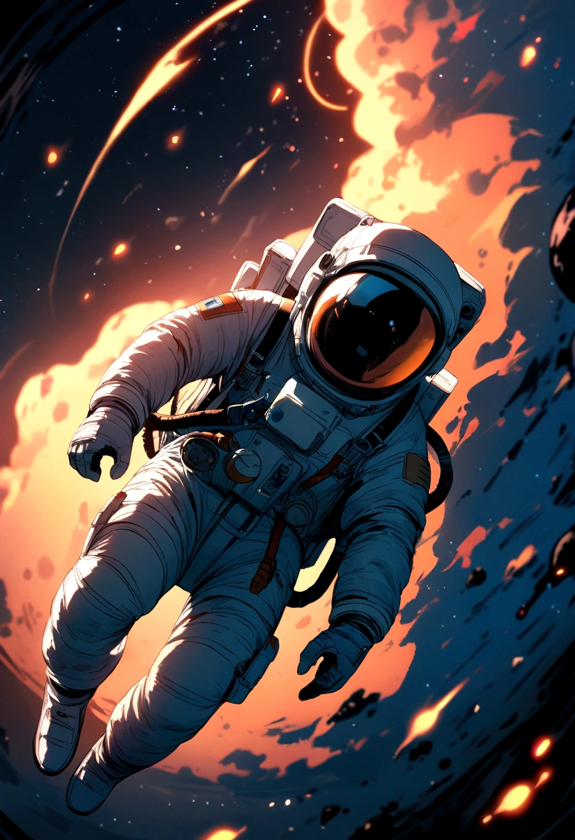 astronaut falling from a burning rocket in space