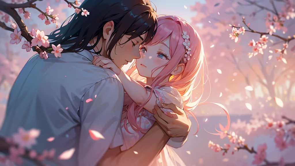 A young couple dancing in a cherry blossom garden, the girl singing beautifully as the petals fall around them, the boy watching her with longing and affection, their budding romance blossoming with the arrival of spring
1girl in a cherry blossom garden, beautiful detailed eyes, beautiful detailed lips, extremely detailed eyes and face, long eyelashes, singing softly, 1boy watching her intently, dancing together, romantic atmosphere, soft lighting, vibrant colors, petals falling, nature, serene, intimate, dreamlike, ethereal, romantic, impressionistic, delicate, warm tones, soft focus, highly detailed, 8k, photorealistic