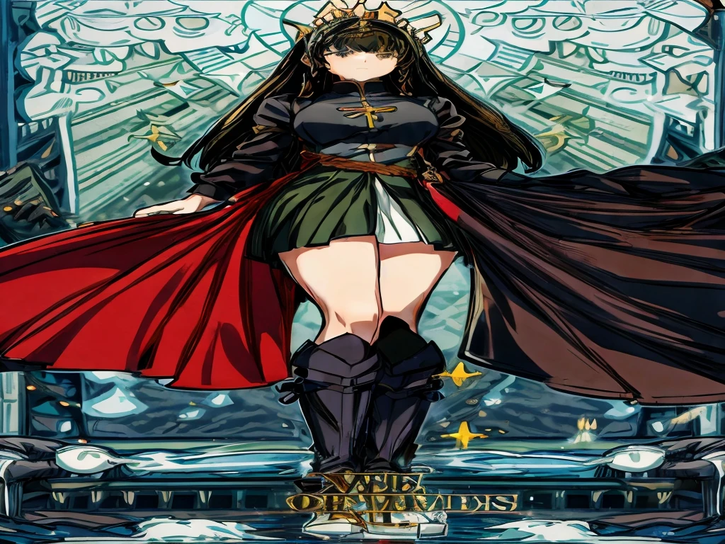 giantess princess, black hair, green eyes, mid-length regal red dress, black opera gloves, black high-heeled boots, anime-style art, Fire Emblem: Three Houses-style, from Church of Seiros POV looking out at the horizon where a gigantic brunette princess advances towards the church, casts a shadow over the church, horizon curvature, anime, Fire Emblem, medieval, woman