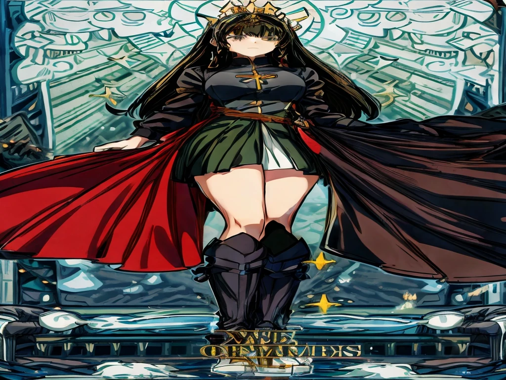 giantess princess, black hair, green eyes, mid-length regal red dress, black opera gloves, black high-heeled boots, anime-style art, Fire Emblem: Three Houses-style, from Church of Seiros POV looking out at the horizon where a gigantic brunette princess advances towards the church, casts a shadow over the church, horizon curvature, anime, Fire Emblem, medieval, woman