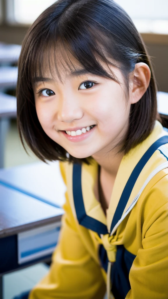 lens: 135mm f1.8, (highest quality),(RAW Photos), (Tabletop:1.1), (Beautiful  Japanese girl), Cute Face, (Deeply chiseled face:0.7), (freckles:0.4), Speckled sunlight, Dramatic lighting, (Sailor suit), dark blue, Long sleeve, (In the classroom), shy, (Close-up shot:1.2), (smile)
