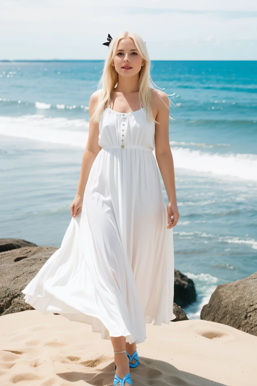 A blond woman with white dress and white hair. Have a black wings in the blue ocean