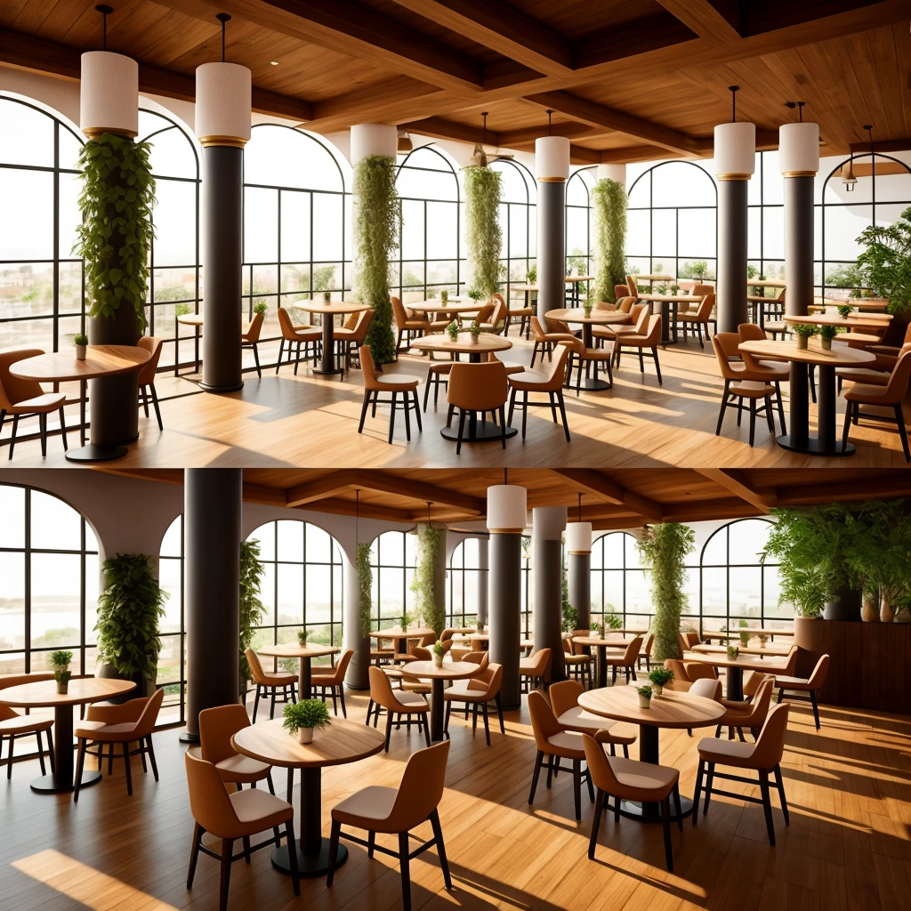 3D graphics, like in a game Interior of the restaurant with three columns in the center, a pair of large tables with soft chairs in light colors and wooden floor and a bar with plants 