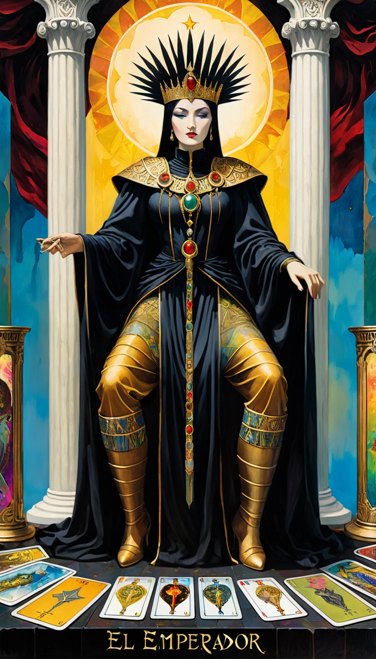 tarot card, the emperor, woman between two columns, one white column and one black column, FULL frames of tarot cards ((text on card: "EL EMPERADOR")) (by dave mckean, intricate details, oil). bright colors, oil paint)