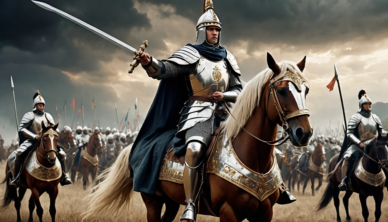 English king of the 14th century commanding a large army. The main focus is on the king, who wears full, shiny and detailed war armor, with a helmet adorned with a golden crown. He is mounted on an imposing war horse, also protected by armor. The king holds a sword with confidence and determination, his cape fluttering in the wind. Around him, his great army spreads in formation, with soldiers clad in armor, carrying spears, swords and shields, and banners waving in the air. The background shows a landscape of hills and a dramatic sky with dark clouds, enhancing the atmosphere of tension and grandeur before the battle., Hyperrealism, UHD, retina, masterpiece, accurate, anatomically correct, textured skin, super detail, award winning, 8k