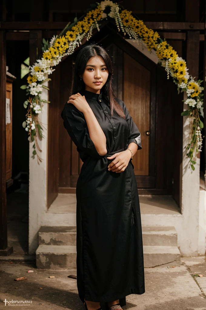 seorang laki laki berusia 21 tahun memakai baju preweding warna hitam,dan seorang prempuan berusia 23 tahun memakai baju preweding gaun,pose saling merangkul dan bertatap wajah,pose di altar gereja,hanya berdua