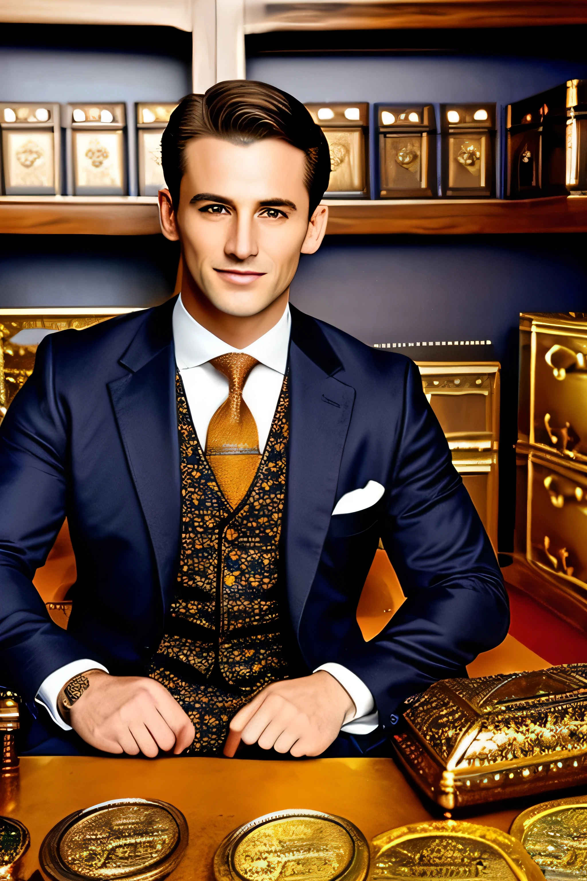 Elegant man, wearing a suit and a tie, seated at a desk, in a confident and professional pose, image background, there are shelves or shelves full of boxes, The boxes are varied and appear to contain valuable treasures, gold", "Old coins", "Gemas Raras", ""visual style"" that matches the theme of treasures and wealth, perhaps with colors that enhance the shine of precious metals