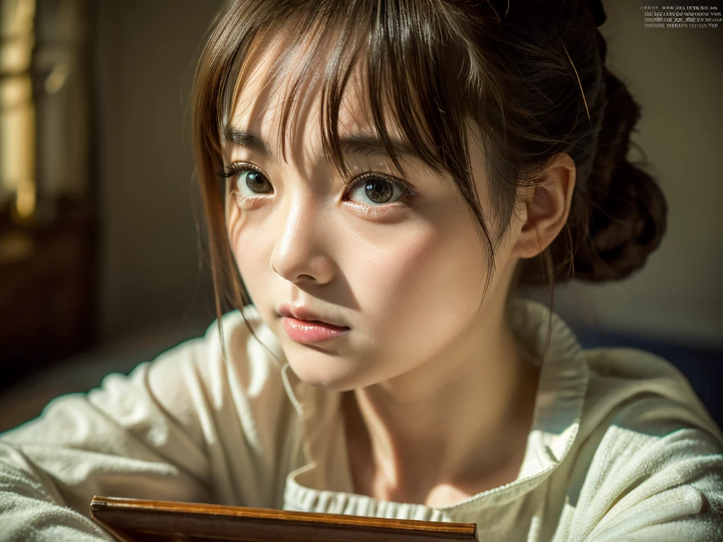 (Best Quality,8K,masutepiece:1.2), Ultra-detailed, Realistic, Japan girls with cute faces, Beautiful detailed eyes, expressive and melancholic look, long eyelashes, Wearing a loose T-shirt, Lying face down on a modern bed, Random hairstyle, In a fairytale room, Cinematic lighting, Photorealistic skin, Shot with a Leica camera, Vintage film atmosphere.Cinematic, 35 mm, Photograph--. 虹5 --- s 180