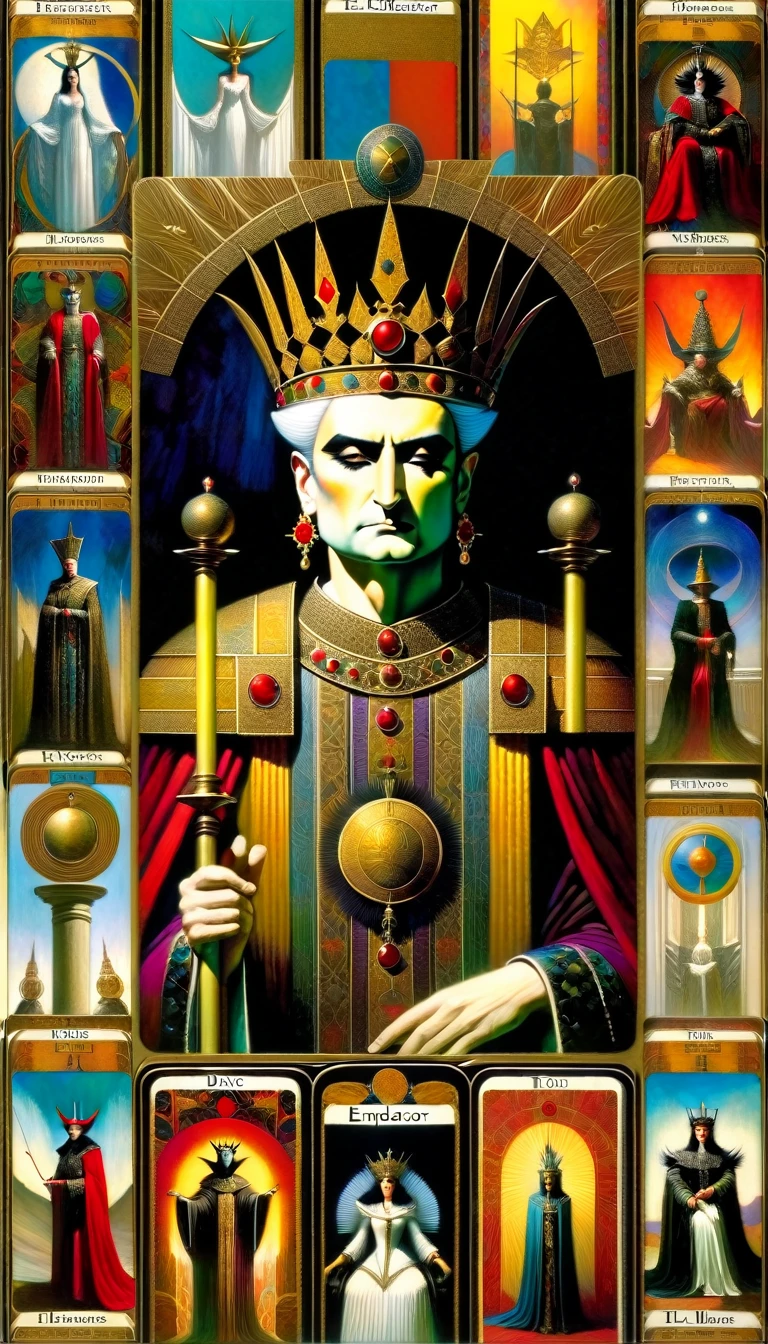 tarot card, the emperor, woman between two columns, one white column and one black column, FULL frames of tarot cards ((text on card: "EL EMPERADOR")) (by dave mckean, intricate details, oil). bright colors, oil paint)
