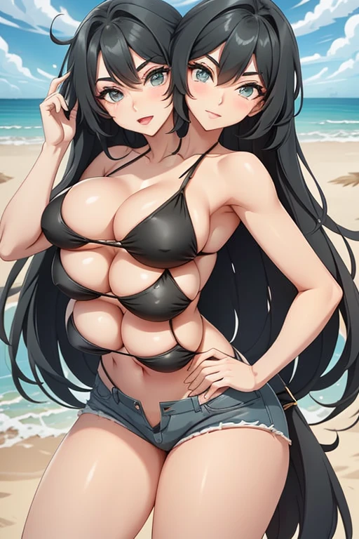 2heads, a tall skinny woman with 2 heads. She has four breasts. She is outside at the beach. She is wearing a solid bikini top and jean shorts. She has long straight black hair. She has four breasts. She is relaxed. She looks mature. She is extremely tall. She looks happy, seductive expression. She has two legs with thick thighs. She is wearing eyeliner.