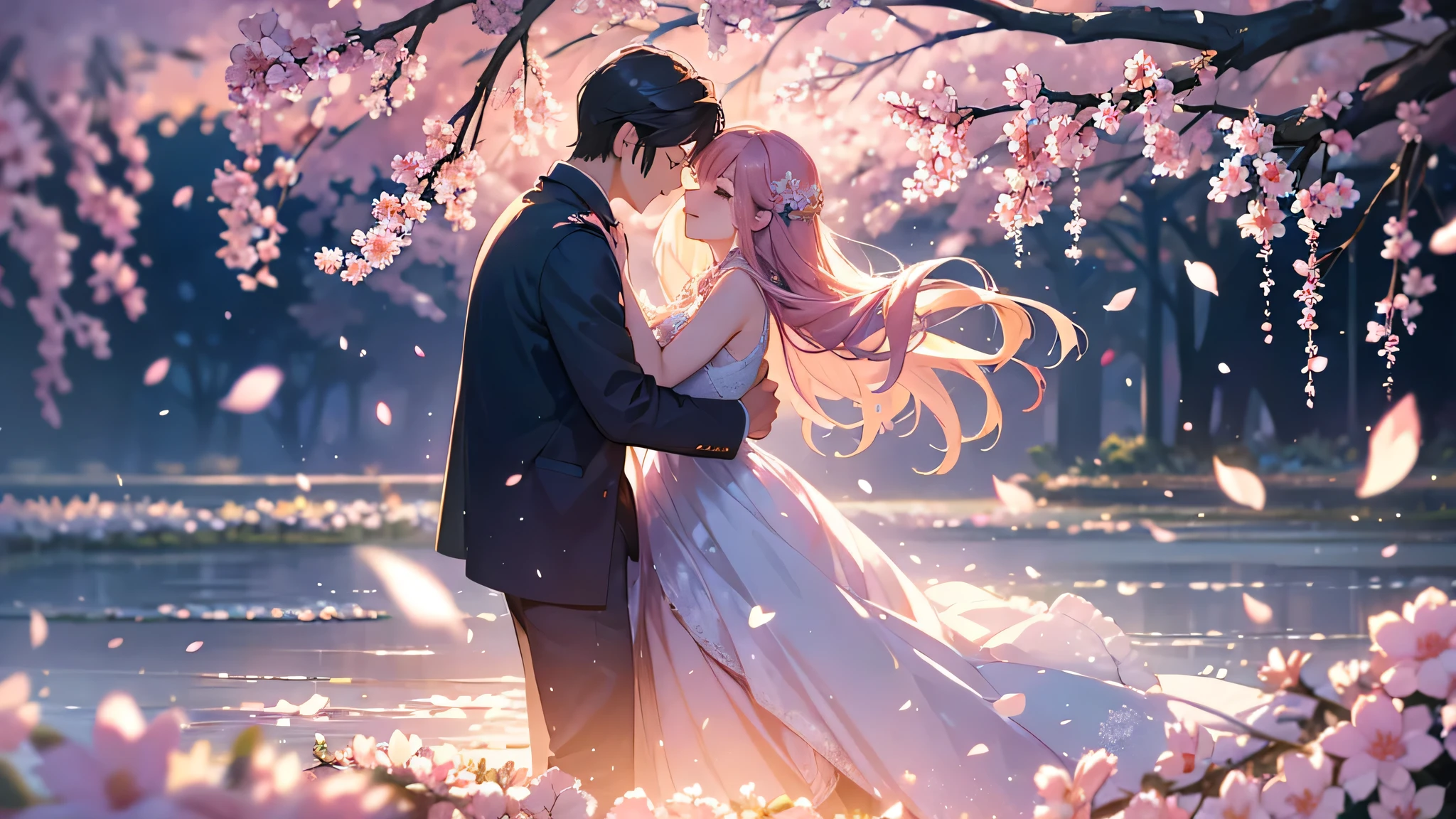 A young couple dancing in a cherry blossom garden, the girl singing beautifully as the petals fall around them, the boy watching her with longing and affection, their budding romance blossoming with the arrival of spring
1girl in a cherry blossom garden, beautiful detailed eyes, beautiful detailed lips, extremely detailed eyes and face, long eyelashes, singing softly, 1boy watching her intently, dancing together, romantic atmosphere, soft lighting, vibrant colors, petals falling, nature, serene, intimate, dreamlike, ethereal, romantic, impressionistic, delicate, warm tones, soft focus, highly detailed, 8k, photorealistic