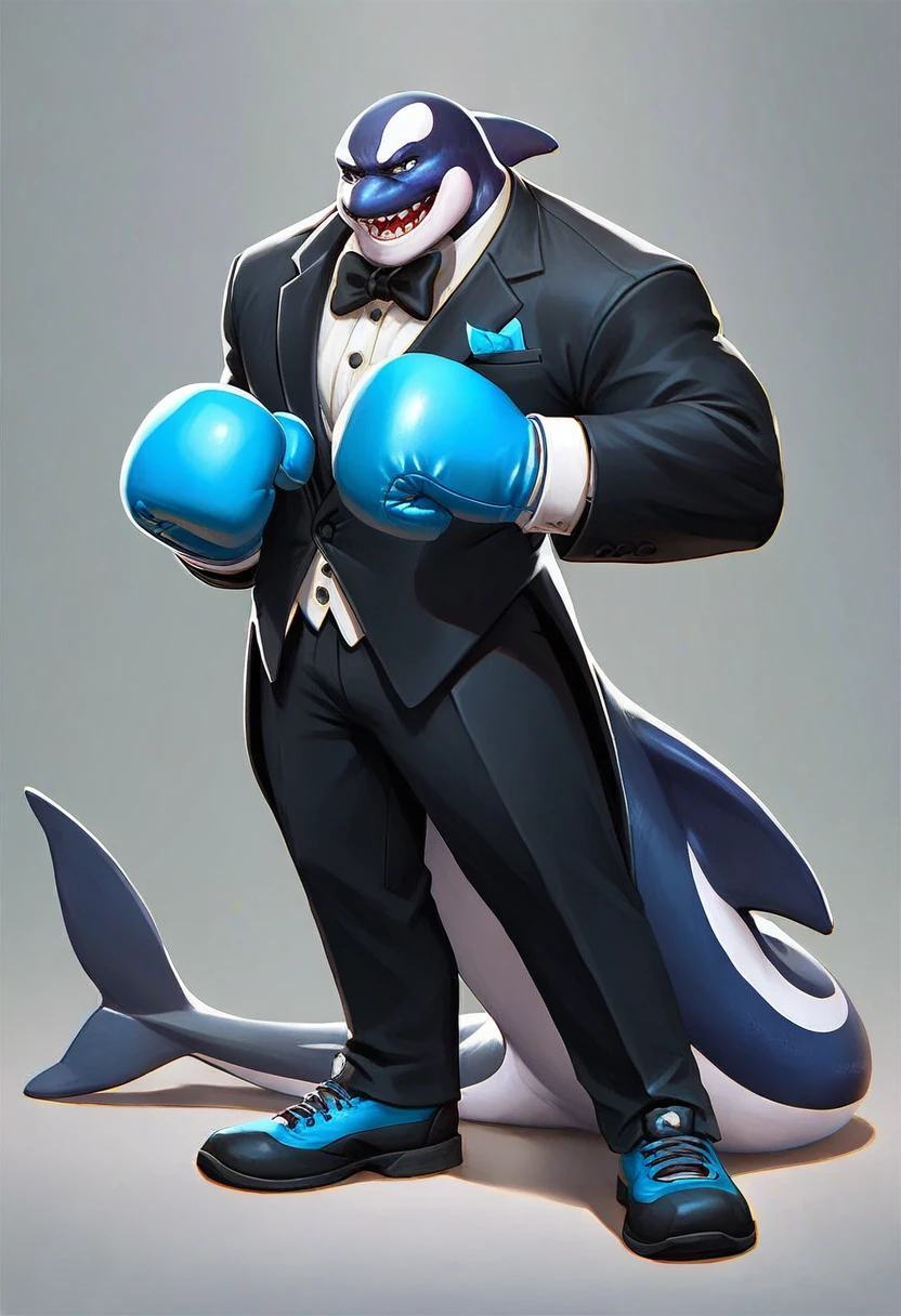 multiversus, full body, humanoid orca, blue colour, tuxedo, boxing gloves 