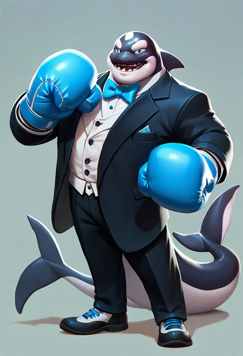 multiversus, full body, humanoid orca, blue colour, tuxedo, boxing gloves 