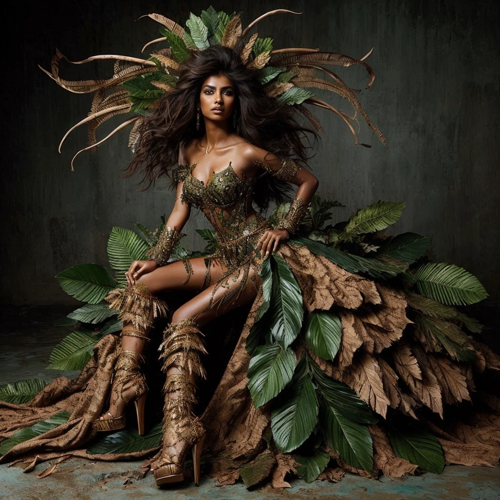 A stunning brown Indian girl embodies a half-human, half-tiger goddess from Hindu mythology, exuding godly elegance. She wears a fierce tiger-print outfit adorned with shimmering golden jewelry and intricate, crystallized Indian attire that covers her body. Her ensemble, perfectly fitted, radiates fashionable jungle realness, with claws on her hands and feet. She poses fiercely in the mud, merging wild elements with opulent design.