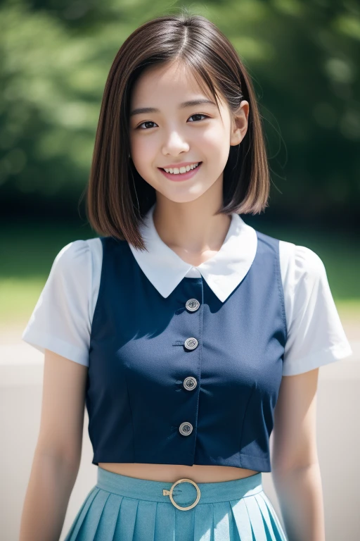 Enhanced Dynamic Perspective,Cute pretty beautiful girl,((school uniform, Short sleeve shirt:0.0))、((Button gap)), Short pleated skirt、Look at me and smile,Simple back gown,Masterpieces,high quality,4K resolution,Super quality,Thin pubic hair,Accurate,Cinema Lighting,Maintain the original face proportions、(Small breasts),Blue mini skirt, Crop top, Browsing Caution,